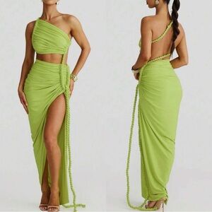 Asymmetric One-Shoulder Lime Green Rope-Detail Maxi Dress